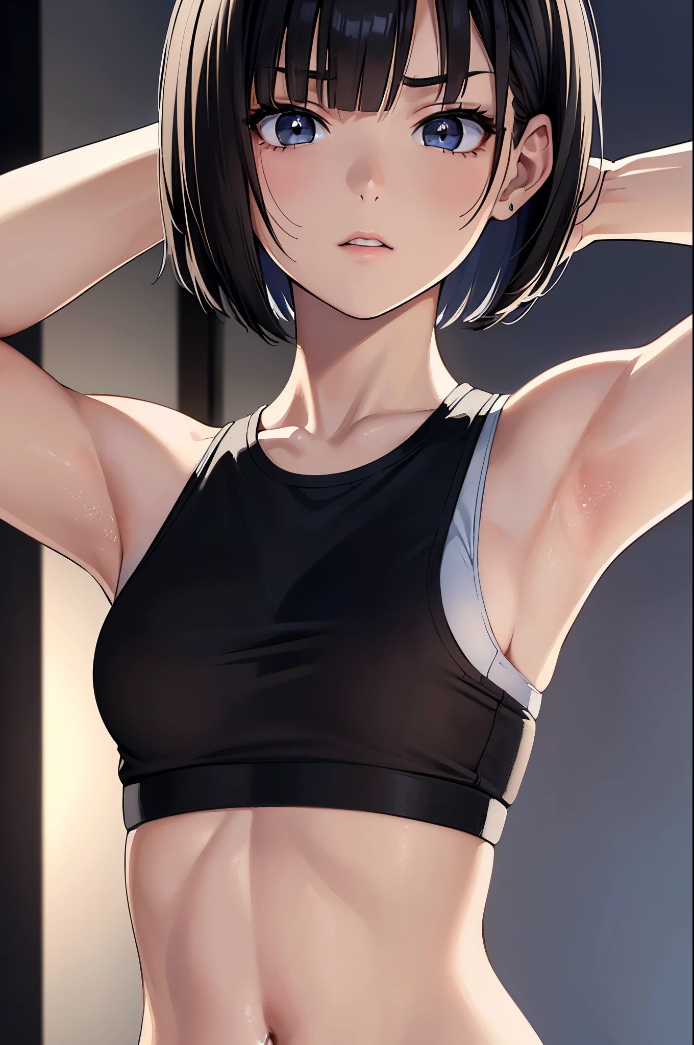 masterpiece, best quality, ultra detailed, ultra high resolution, very detailed face, solo, anime, top down angle, 20 years old girl, slim, (((sports bra, sleeveless))), ((upper body only, warming up, up arms, armpit))), ((black bob hair)), (((verysmall breast))), serious face, in the changing room