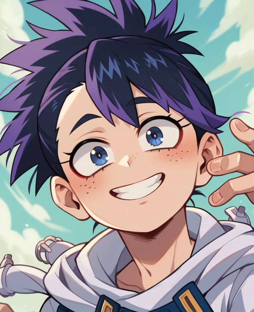 Screenshot of My Hero Academia, a girl with, Long blue almost black hair with purple highlights , with sapphire blue eyes and purple spots with purple freckles and a tender and happy look wearing the UA style boku no hero academia