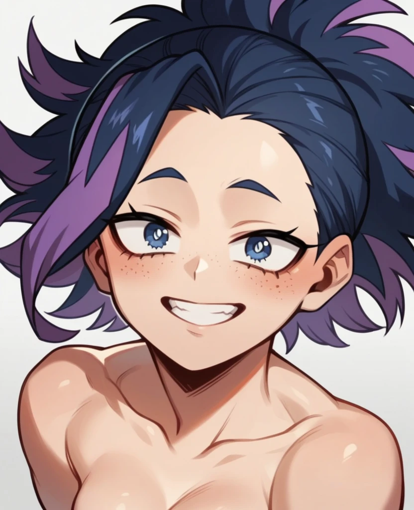 Screenshot of My Hero Academia, a girl with, Long blue almost black hair with purple highlights , with sapphire blue eyes and purple spots with purple freckles and a tender and happy look wearing the UA style boku no hero academia