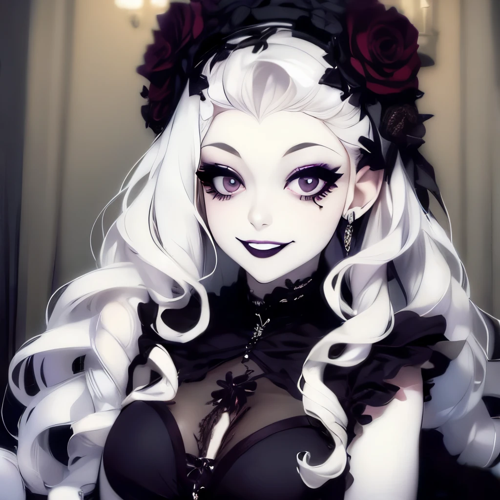 arafed woman with a flower crown on her head smiling, pale goth beauty, pale skin and dark eyes, pale ivory skin, ivory pale skin, pale skin curly blond hair, with pale skin, with curly black and silver hair, beautiful frankenstein, she looks like a mix of grimes, 1 7 - year - old goth girl, victorian vampire, goth girl aesthetic