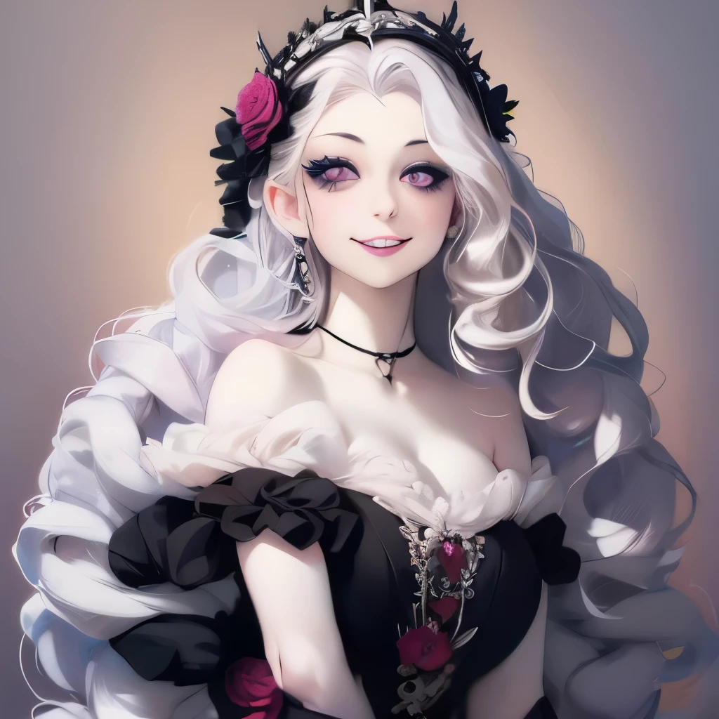 arafed woman with a flower crown on her head smiling, a pastel inspired by Winona Nelson, tumblr, rococo, pale goth beauty, pale skin and dark eyes, pale ivory skin, ivory pale skin, pale skin curly blond hair, with pale skin, with curly black and silver hair, beautiful frankenstein, she looks like a mix of grimes