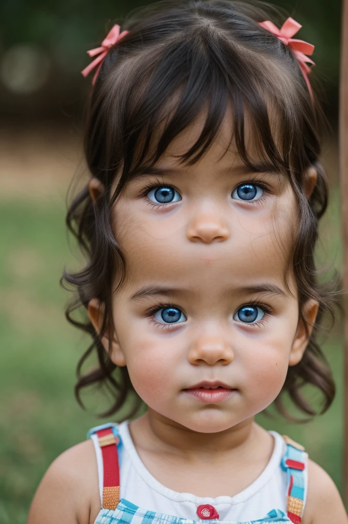 A toddler with dark brown hair, icy blue eyes, tan skin, and red cheeks.