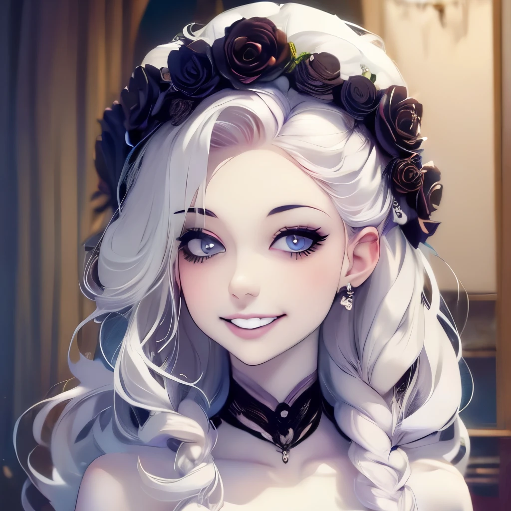 arafed woman with a flower crown on her head smiling, a pastel inspired by Winona Nelson, tumblr, rococo, pale goth beauty, pale skin and dark eyes, pale ivory skin, ivory pale skin, pale skin curly blond hair, with pale skin, with curly black and silver hair, beautiful frankenstein, she looks like a mix of grimes