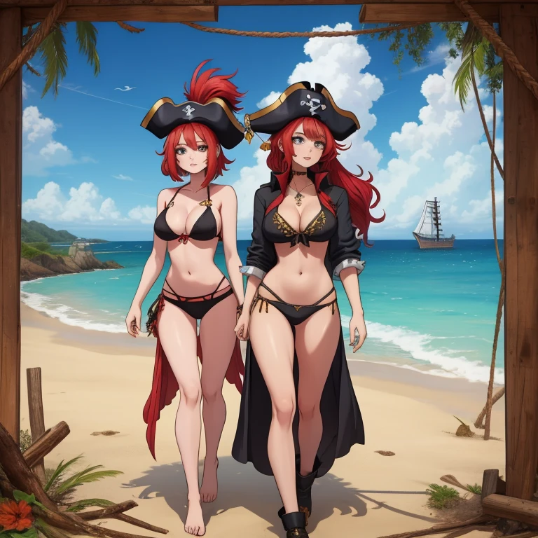 A hot  two pirates-girls in a full-length bikini walking on the beach? And there is a pirate ship on the horizon