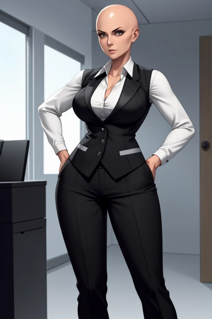 digital art, highly detailed, standing pose, feminine features, mature woman, adult female, whole body, bald, form-fitting, revealing neckline, buttoned vest, office shirt, pants, shoes, 1woman, solo, upper body, lower body, ((Extremely Detailed)), ((Best Quality)), ((Masterpiece)), ((4k))
