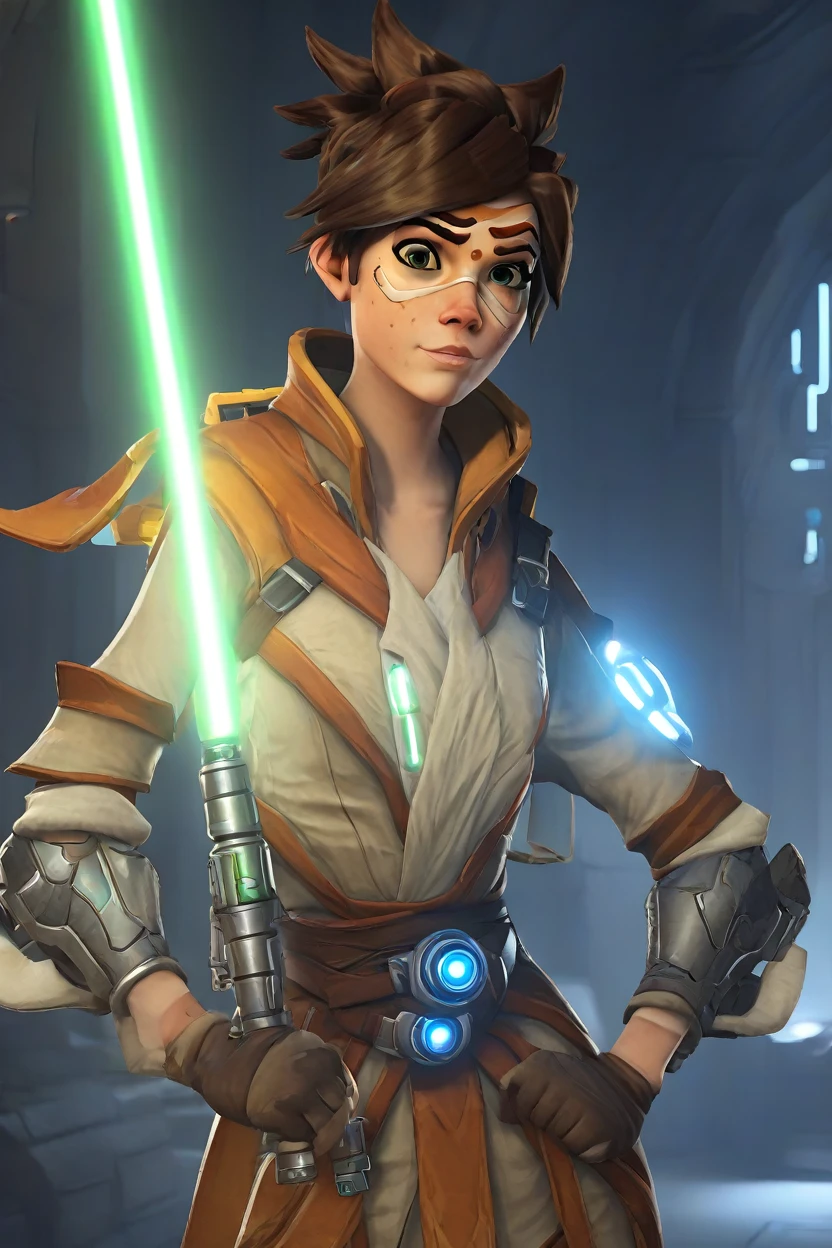 PETracerOW,portrait of tracer,freckles,outfit,
wearing jedi clothes,robe,holding  a light saber