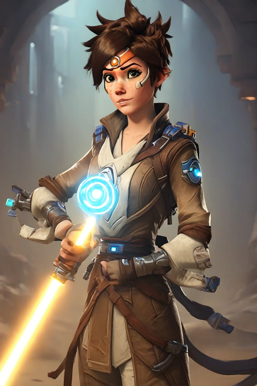 PETracerOW,portrait of tracer,freckles,outfit,
wearing jedi clothes,robe,holding  a light saber