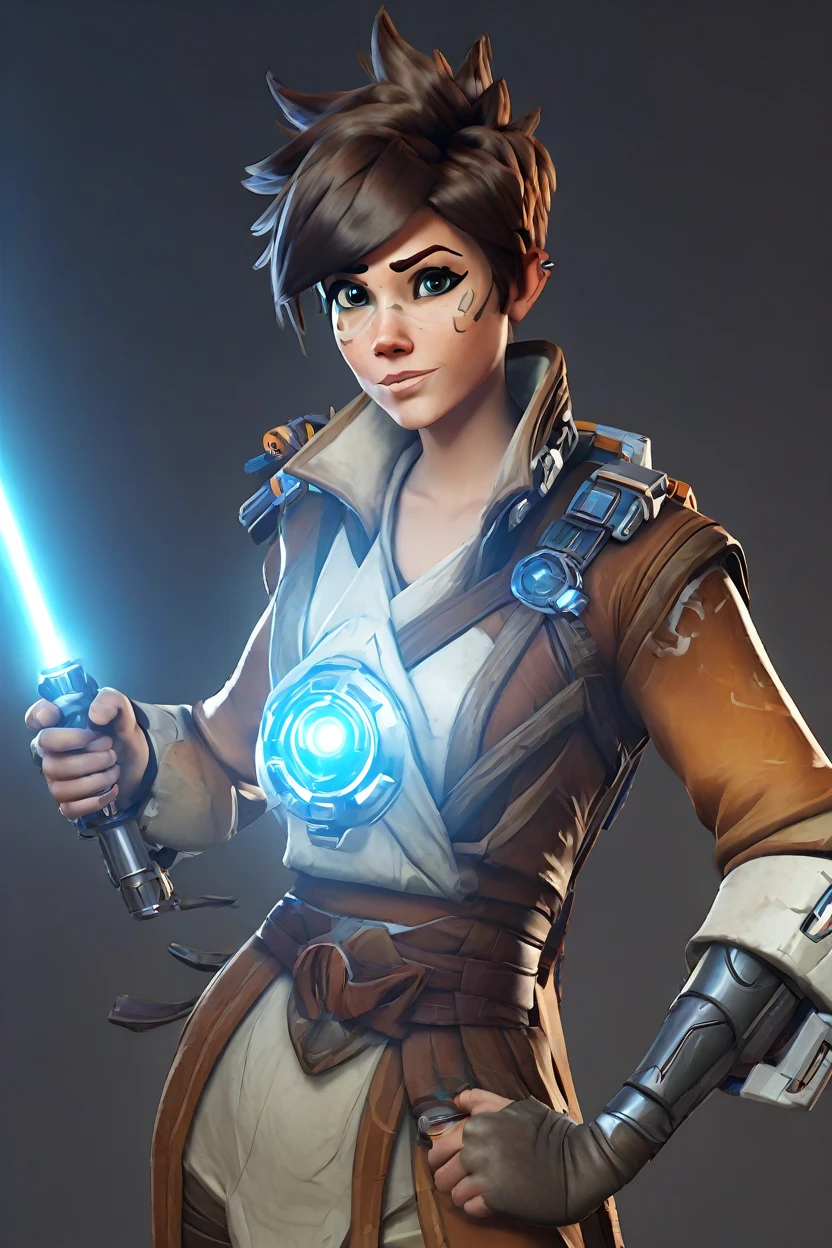 PETracerOW,portrait of tracer,freckles,outfit,
wearing jedi clothes,robe,holding  a light saber