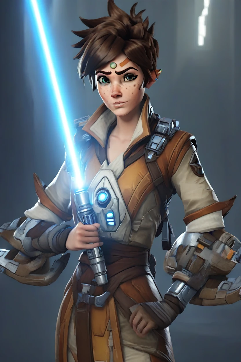 PETracerOW,portrait of tracer,freckles,outfit,
wearing jedi clothes,robe,holding  a light saber