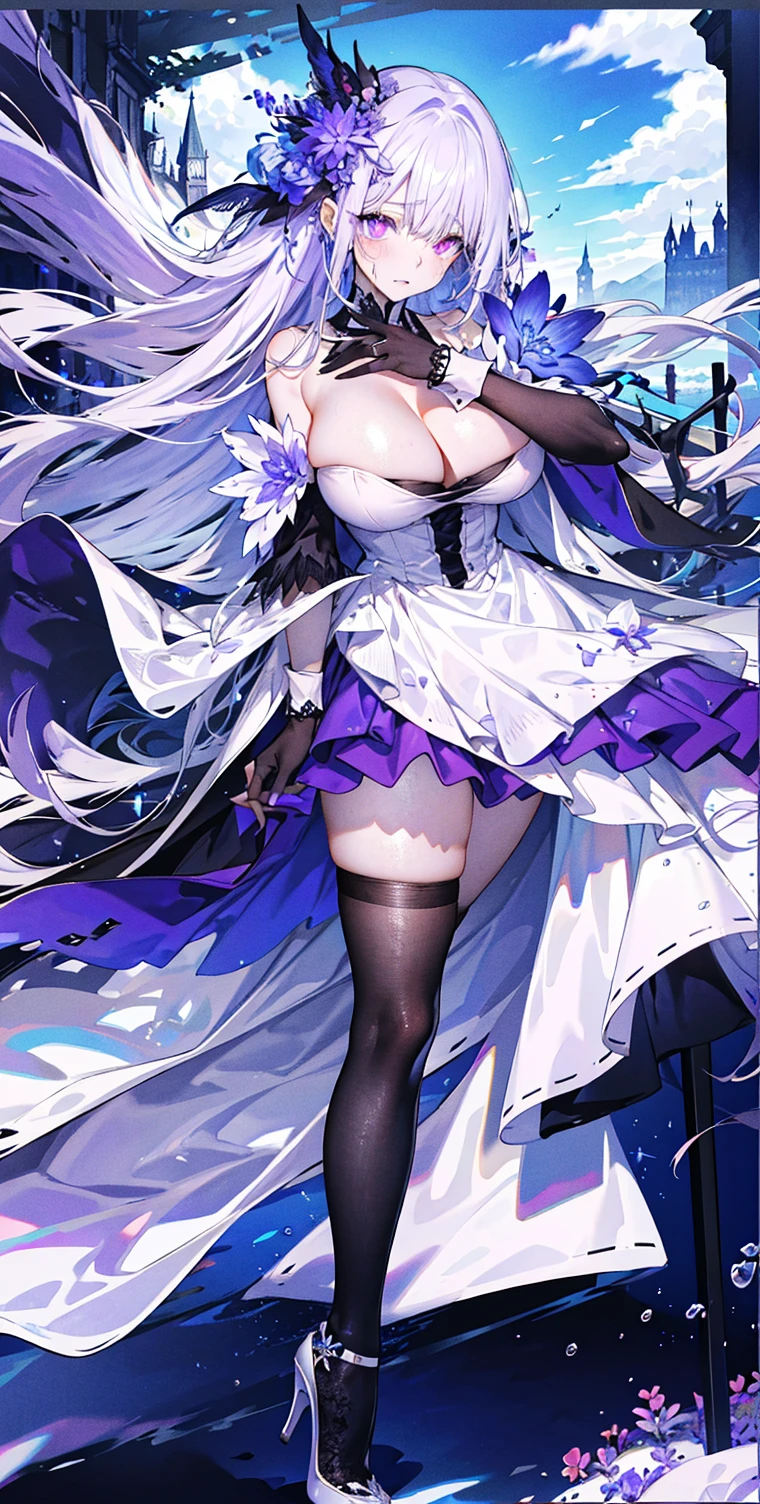 （（masterpiece：1.4，best quality）），（Super detailed），（Extremely detailed eyes），（Shiny socks：1.5），Hello Darkness
（Cute girls），s old，（Blood-red pupils，Diamond-shaped pupil：1.15），Purple Eyeshadow，（elongated hair，Thick hair，Single ponytail，shiny hair：1.5）（Changes through：1.2），despair，sad，Empty eyes，tears streaming down my face，tilting its head to the side，
（She wore a blue dress，：1.5），（Black gloves：1.4）Very long plush sleeves，White，White Cloud，Dream bubbles ，Ice and glitter effects
（Black long skirt：1.1），
（（Starry Sky：1.2）），
（Intense black and white：1.16），（Depth of Field：1.4），，Intricate details，(((Detailed background，Castle in the Sky，Purple flowers by the lake)))，(((Huge breasts，Bare breasts，Deep cleavage，White stiletto high heels，Transparent clothes)))