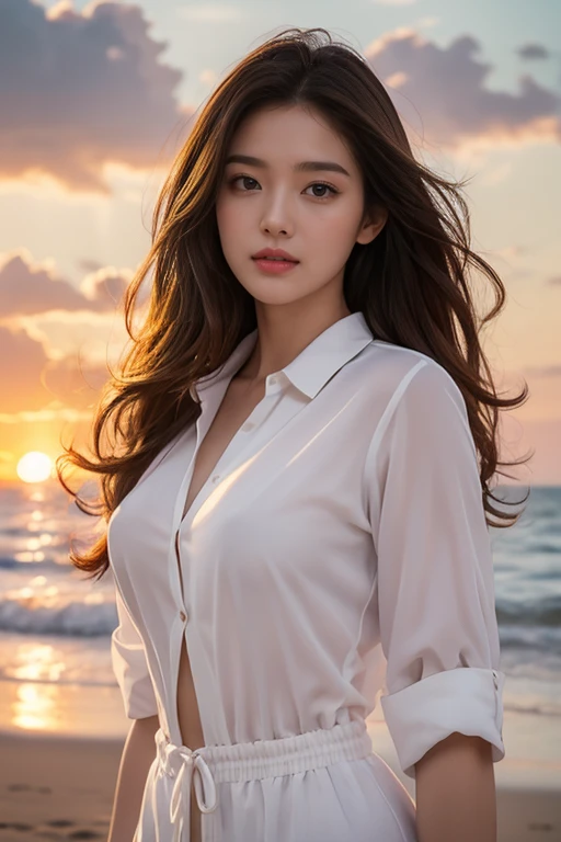 highest quality、4K、Perfect Face、Perfect Style、perfect body、Sunburn、beautiful lady、mature、long curly layer brown hair、Swept-back hair、full body, ???? 、charming、healthy、of the highest quality、8K、white Y shirt、sunset,windy hair、beautiful abs