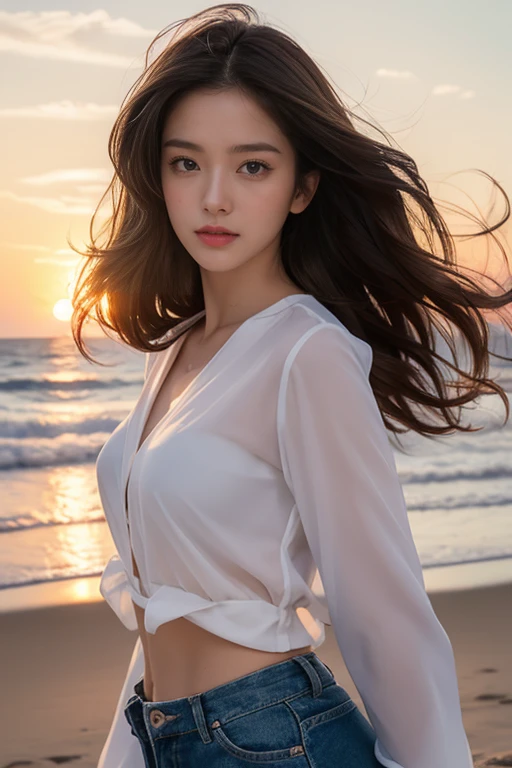 highest quality、4K、Perfect Face、Perfect Style、perfect body、Sunburn、beautiful lady、mature、long curly layer brown hair、Swept-back hair、full body, sexy 、charming、healthy、of the highest quality、8K、white Y shirt、sunset,windy hair、beautiful abs