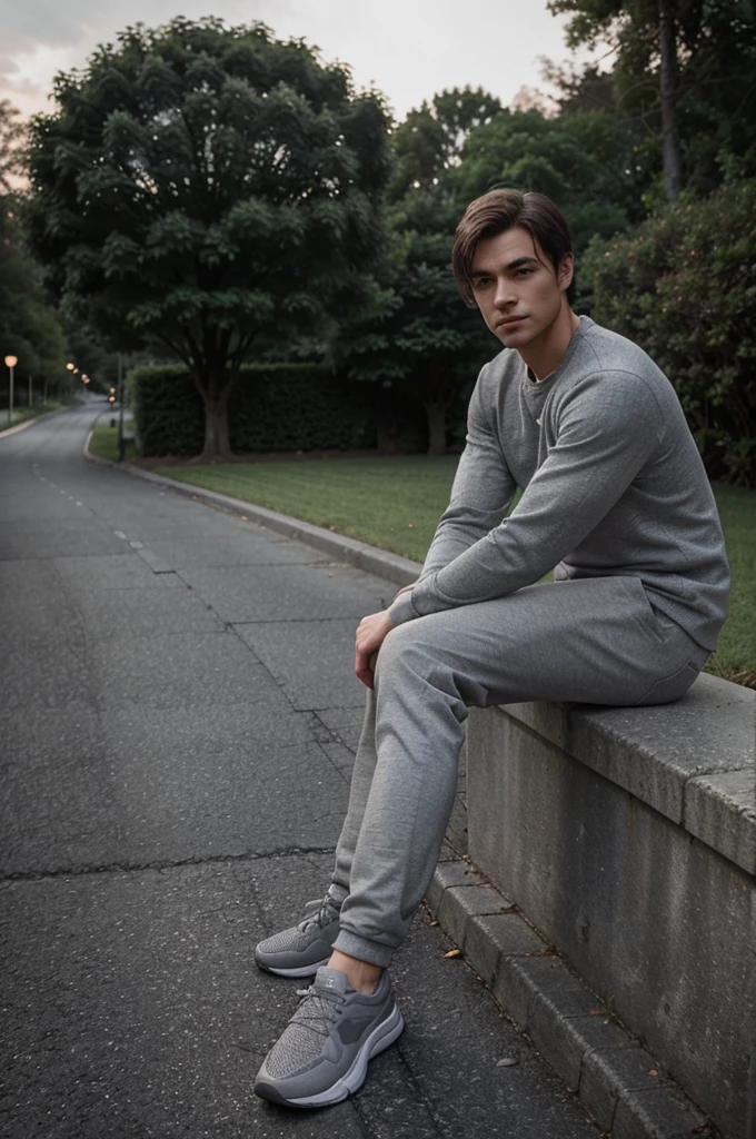 Describe a calm atmosphere while relaxing outdoors by looking at the shoes you are wearing. This photo shows a person sitting relaxed on a dark road surface, wearing gray sports shoes and gray trousers. Use a soft lighting style to create a peaceful and reflective effect.