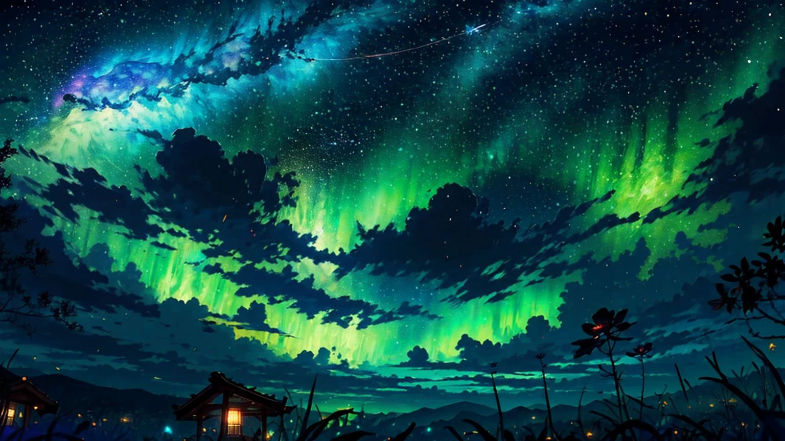 Wide Landscape Photos, (Looking from the bottom up, The sky is above, There is open space below), (Full Moon: 1.2), (meteor: 0.9), (nebula: 1.3),Handmade art, (暖lamp: 1.2), (firefly: 1.2), lamp, Lots of color, Intricate details, Volumetric LightingBREAK (masterpiece: 1.2), (best quality), 4K, Extremely detailed, (Dynamic Combination: 1.4), Rich in details,Colorful, (Rainbow Colors: 1.2), (glow, Ambient Lighting), Like a dream, magic, (solitary: 1.2)