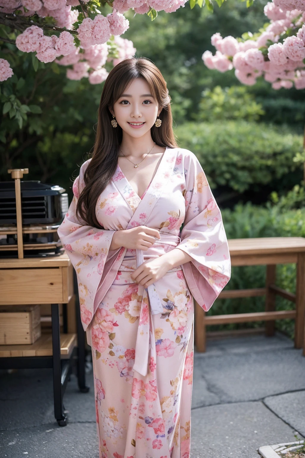 Highest quality,8K, Detailed facial depiction, Detailed description of the eyes,One Woman, Light brown hair(Medium-long hair),Beautiful Japanese Girl,24-years-old,Cute eyes,Cute Smile,Yukata beauty,Yukata with a beautiful floral pattern,Slender body, Large, plump breast size, Long and beautiful legs,Smiling, Colorful earrings,necklace,Are standing,Beautiful nape,Japanese Summer Festivals,There are food stalls