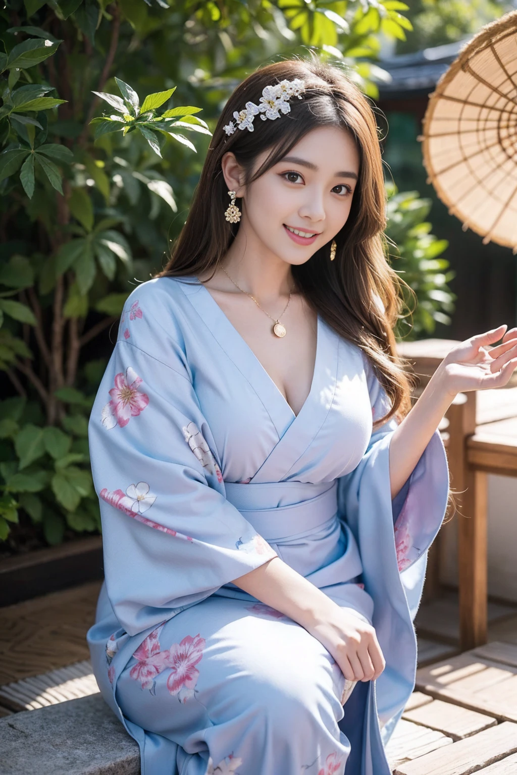 Highest quality,8K, Detailed facial depiction, Detailed description of the eyes,One Woman, Light brown hair(Medium-long hair),Beautiful Japanese Girl,24-years-old,Cute eyes,Cute Smile,Yukata beauty,Yukata with a beautiful floral pattern,Slender body, Large, plump breast size, Long and beautiful legs,Smiling, Colorful earrings,necklace,Are standing,Beautiful nape,Japanese Summer Festivals,There are food stalls