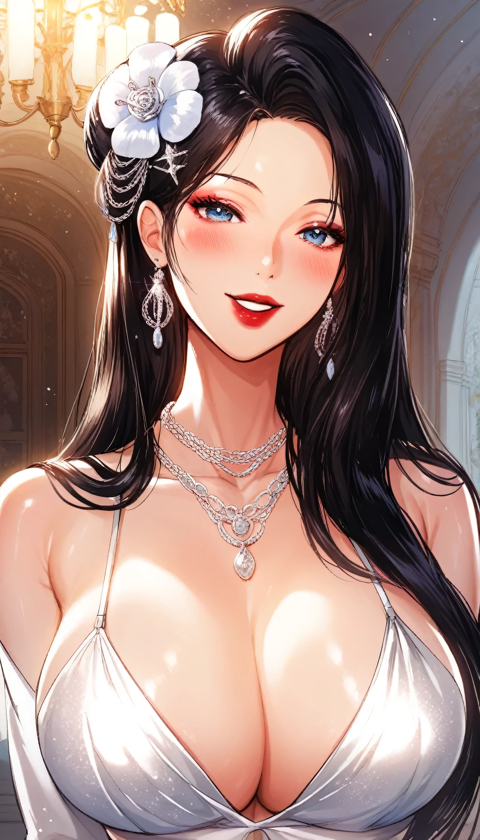 Hot sexy beautiful one women ,   long silver chandelier earrings,big breasts, ,black hair ,  hair bun,blush,blue eyes, smiling,red lipstick, chandelier jewellery,makeup, ornament, chandelier necklace,waist chain, rings,bangles,hair flower brochure,hair pins,hair chain,