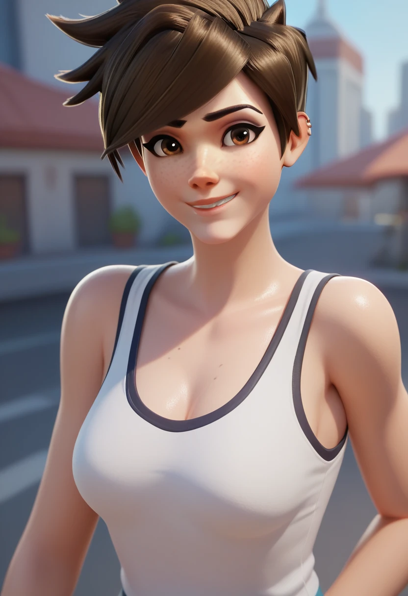 score_9,score_8_up,score_7_up,score_6_up ,source_overwatch score_9, score_8_up, score_7_up,  1girl, solo, tracer \(overwatch\), portrait, upper body, smile, looking at viewer, depth of field, outdoors,city, tank top,brown eyes,blonde hair, short hair, spiked hair