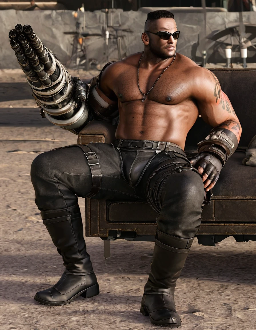 barret, dark skin male with gun arm and tattoo, sunglasses, shirtless , (( black G-strings )) , full body , black boots , laying spread legs , nicebulge