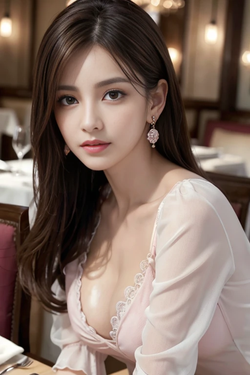 masterpiece, Highest quality, Realistic, Very detailed, Finer details, High resolution, 8k wallpaper, One beautiful woman, Wear an elegant  see-through pink blouse, In a great restaurant, At night, Light brown messy hair, Perfect dynamic composition, Beautiful and beautiful eyes、Big earrings、Sit on a chair、Cleavage、Bra is visible、