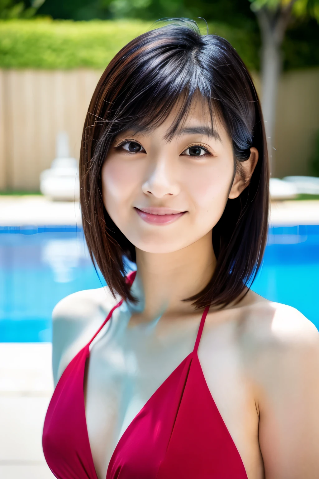 Skinny Japanese woman, age {30s|20s}, (detailed face), slight smile, (detailed eyes), {long|short} hair, slender shape, {red|blue} bikini, standing by a poolside, Enhance quality, quality maintains, real professional photograph, award-winning portrait, masterpiece, 16K UHD, high detail full-body view