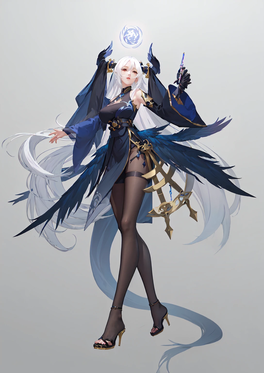 Anime style female figure,A bird on the shoulder, Onmyoji detailed art, Dark witch full body pose, Full body fairy, White-haired deity, Keqing from genshin impact, Kushat Krenz Key Women in Art, Official Character Art, Epic and beautiful character art, Dark Witch Character, Popular on artstation pixiv