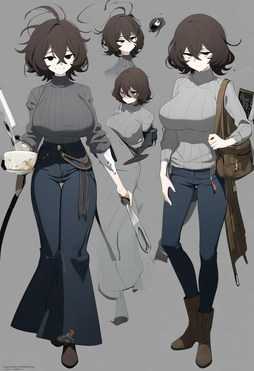One Woman,Downer,older sister,Concept Art,Dark brown hair,Straight hair with slight inward curls,Staring eyes,Circles in the eyes,black eye,Crossed bangs,whole body,smile,Larger breasts,Gray background,Bangs that reach down to the eyes,Messy hair,Tight dark jeans,Gray turtleneck sweater,Multiple views of the same character,Character Design,Dark circles under the eyes,Bad look,Listless,Sloppy,Silver Jewelry,Cafe staff,whole bodyCharacter Design,Detailed hands,Height: 170cm,boots,