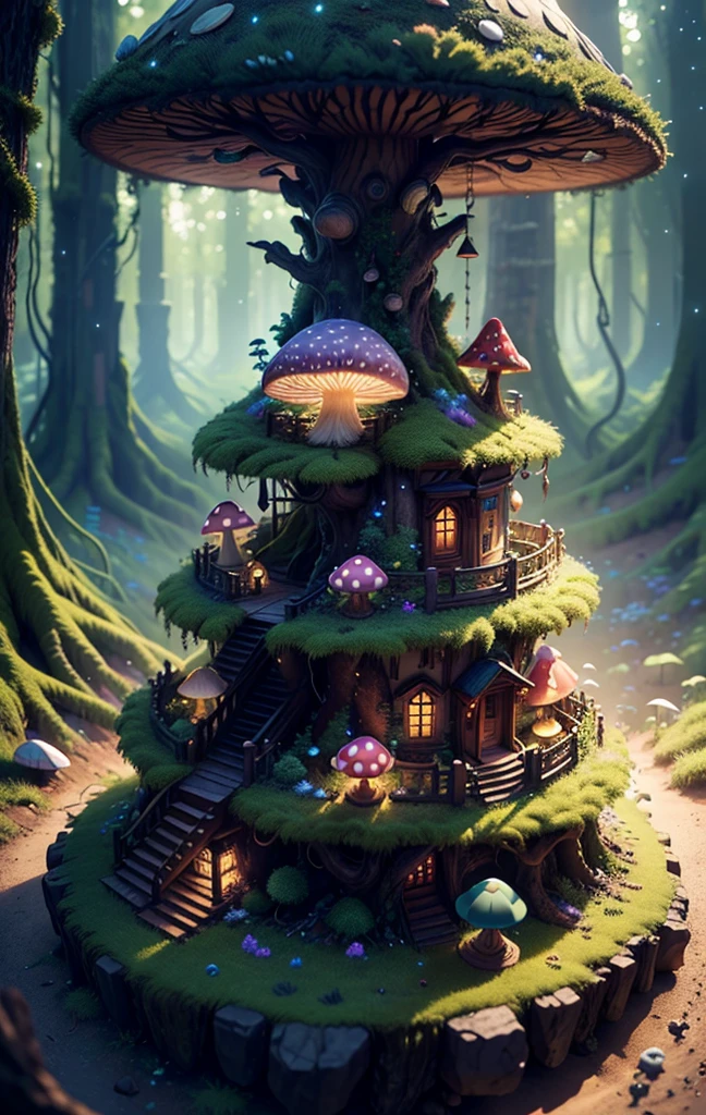 an illustration of the enchanted forest, with tall green trees, small colorful house in a fantasy mushroom in the center, magic, centered, symmetry, painted, intricate, volumetric lighting, beautiful, rich deep colors masterpiece, sharp focus, ultra detailed, astrophotography. The composition is very detailed, 8K, perfect composition., ultra hd, realistic, vivid colors, highly detailed, UHD drawing, pen and ink, perfect composition, beautiful detailed intricate insanely detailed octane render trending on artstation, 8k artistic photography, photorealistic concept art, soft natural volumetric cinematic perfect light