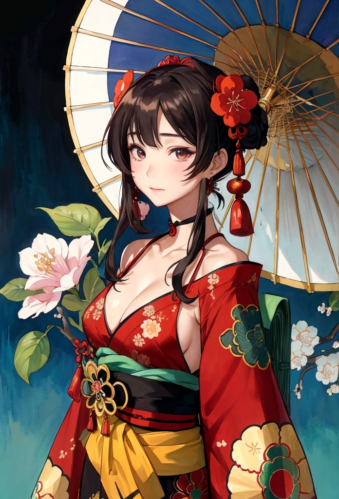 (tmasterpiece:1.2,best qualtiy),(Very detailed face,Real pictures,Realistic skin,photorealistic body,Complicated details),solo,1 milf,rcasual,ukiyoe painting,cropped shoulders,(aquarel:1.3),oiran,