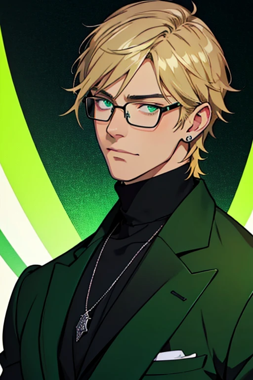 A handsome guy wearing dark green suit, wearing black turtleneck, wearing silver watch, wearing silver necklace, wearing black eye glasses, green eyes, blonde korean hair, gentle expression, intricate details, half body