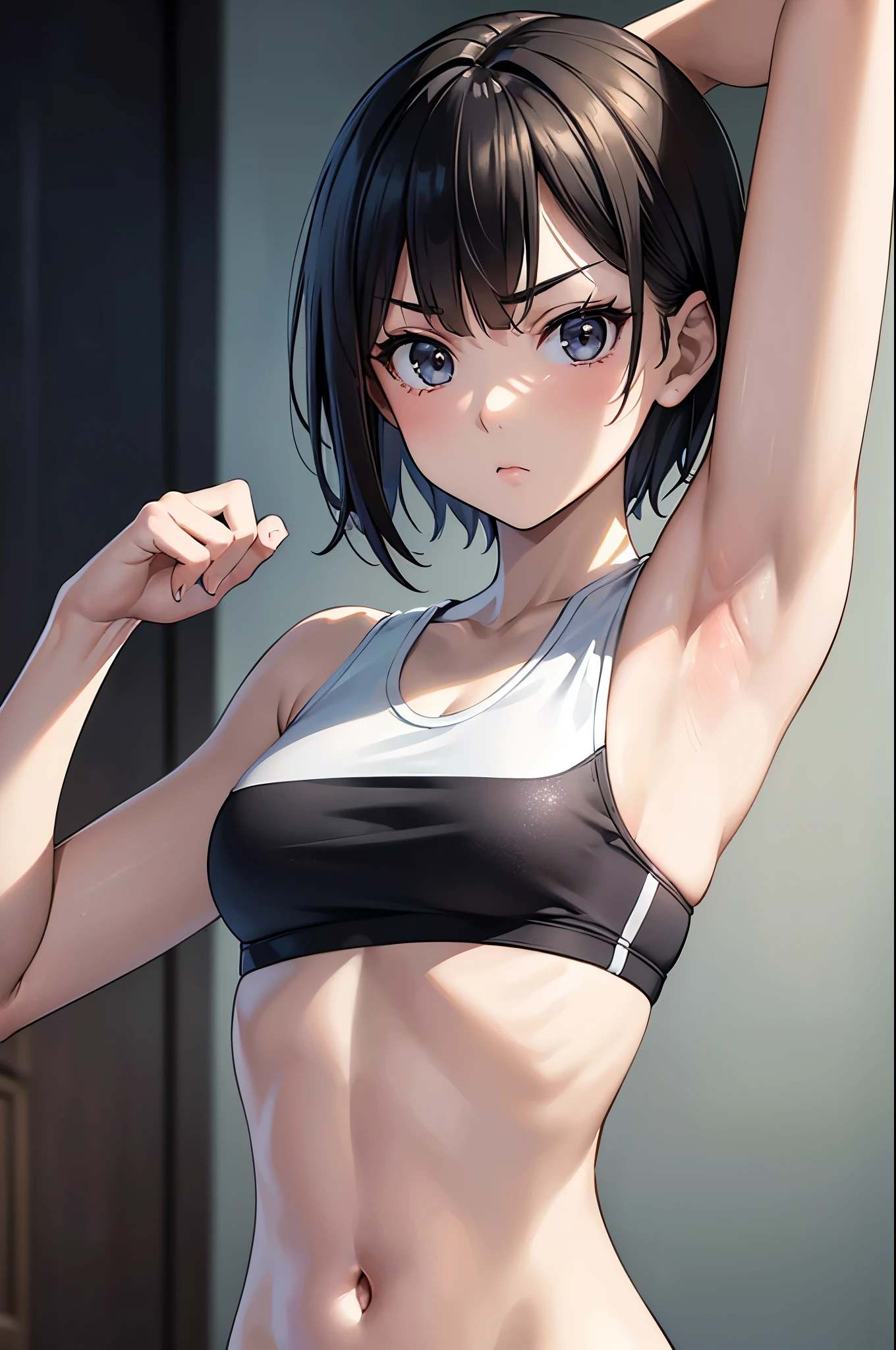 masterpiece, best quality, ultra detailed, ultra high resolution, very detailed face, solo, anime, top down angle, 20 years old girl, slim, (((sports bra, sleeveless))), ((upper body only, warming up, up arms, armpit))), ((black short hair)), (((verysmall breast))), serious face, in the changing room