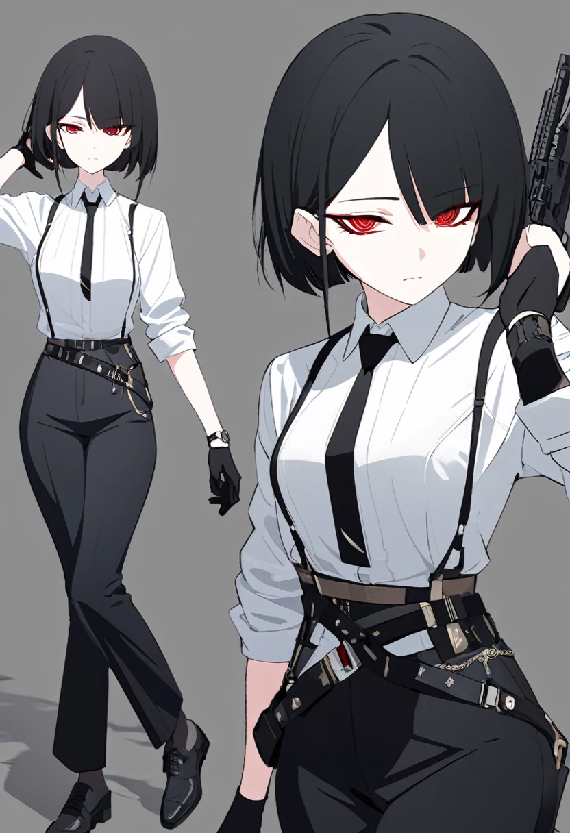 One woman,Dynamic,whole body,Are standing,mysterious,Concept Art,Character Design,Jet black straight hair,The bangs are trimmed to accentuate the eyes.,Short Hair,Well-proportioned face,Sharp Eyes,White shirt and black tie,Black slacks,Silver cufflinks on the left hand,On the ring finger of her right hand she wears a simple silver ring.。Luxury watches,Black leather shoes,beltでウエストラインを強調,Arknights Wind,Stylish,Red eyes,belt,Stylishな赤い模様の上着,Stylish,Simple background gray,Details,Okabo Hair,Half-open eyes,Cool appearance,Multiple Views,Black gloves,
