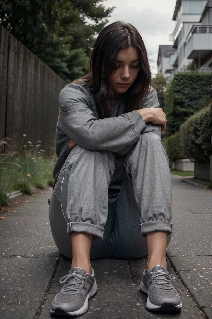 Describe a calm atmosphere while relaxing outdoors by looking at the shoes you are wearing. This photo shows a person sitting relaxed on a dark road surface, wearing gray sports shoes and gray trousers. Use a soft lighting style to create a peaceful and reflective effect.