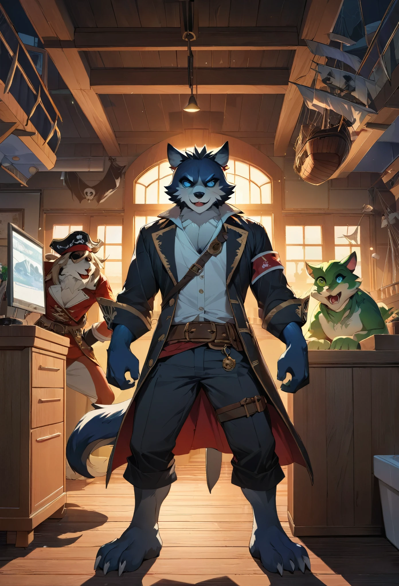 cover page, highres, top quality, best quality, paid reward available, unparalleled masterpiece, perfect artwork, absurdres, High-quality illustrations, super high resolution, detailed background, perfect anatomy(kemono, furry anthro, boy, girl)Hospitals with power outages, Spooky creatures, Pirate Ship, a pirate, good lighting, cinematic shadow,