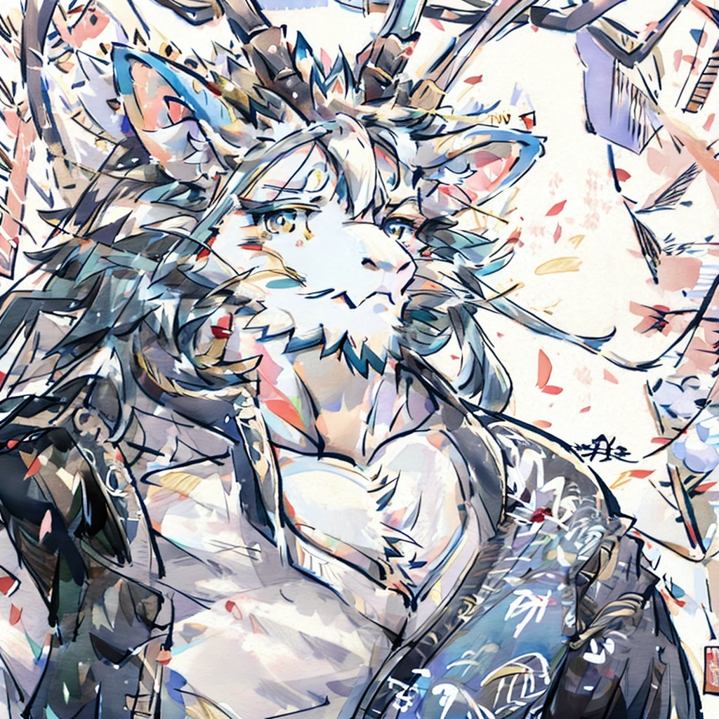 (white eastern dragon),furry,white mustache,big pecs,hearty males,muscular,black imperial robe,adult,traditional_chinese_room,head portrait