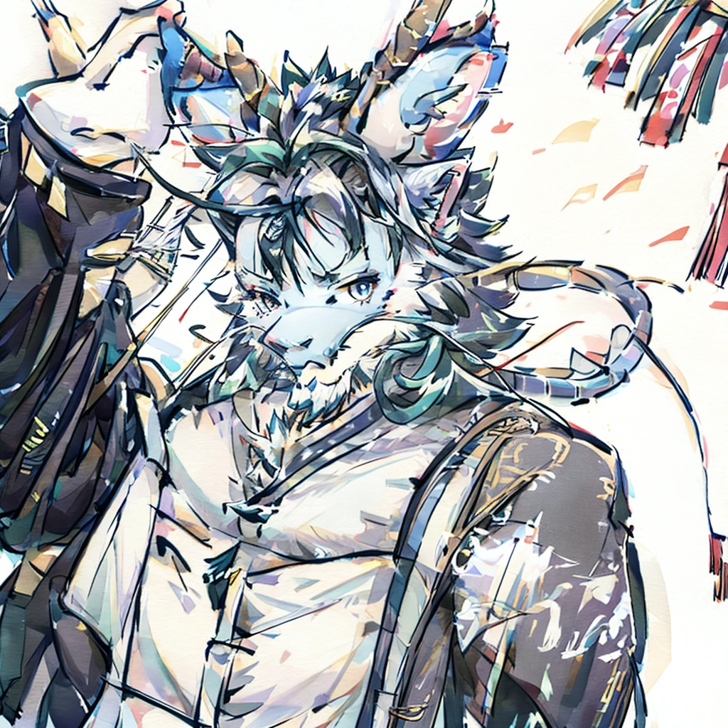 (white eastern dragon),furry,white mustache,big pecs,hearty males,muscular,black imperial robe,adult,traditional_chinese_room,head portrait