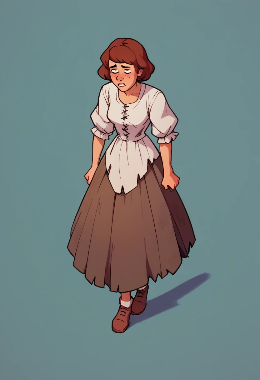 a poor woman, ragged and worn clothes, tattered dress