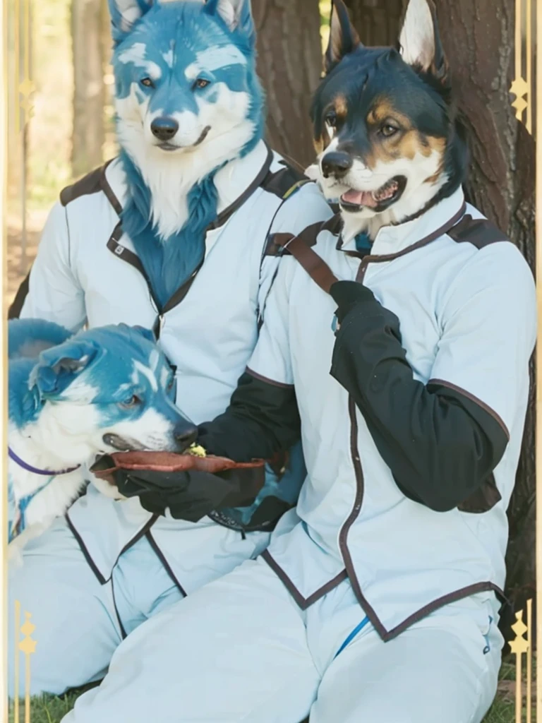Btoh argo (the blue dog) and Oscar (the one beside him) having a picnic under a tree while both only wearing boxers