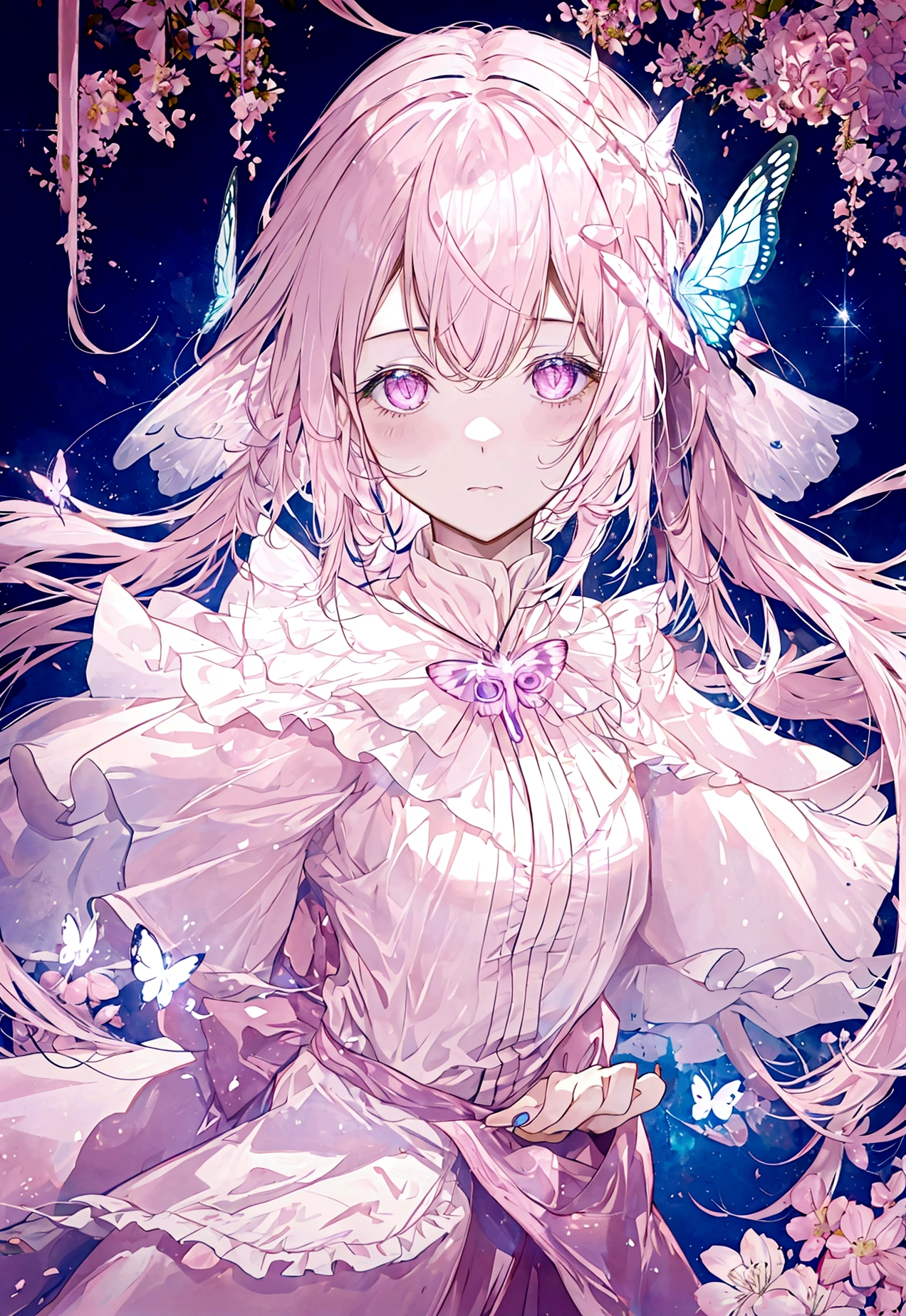 Light pink，magic, Shining eyes，Long hair，sparkling，magic少女，Butterfly
