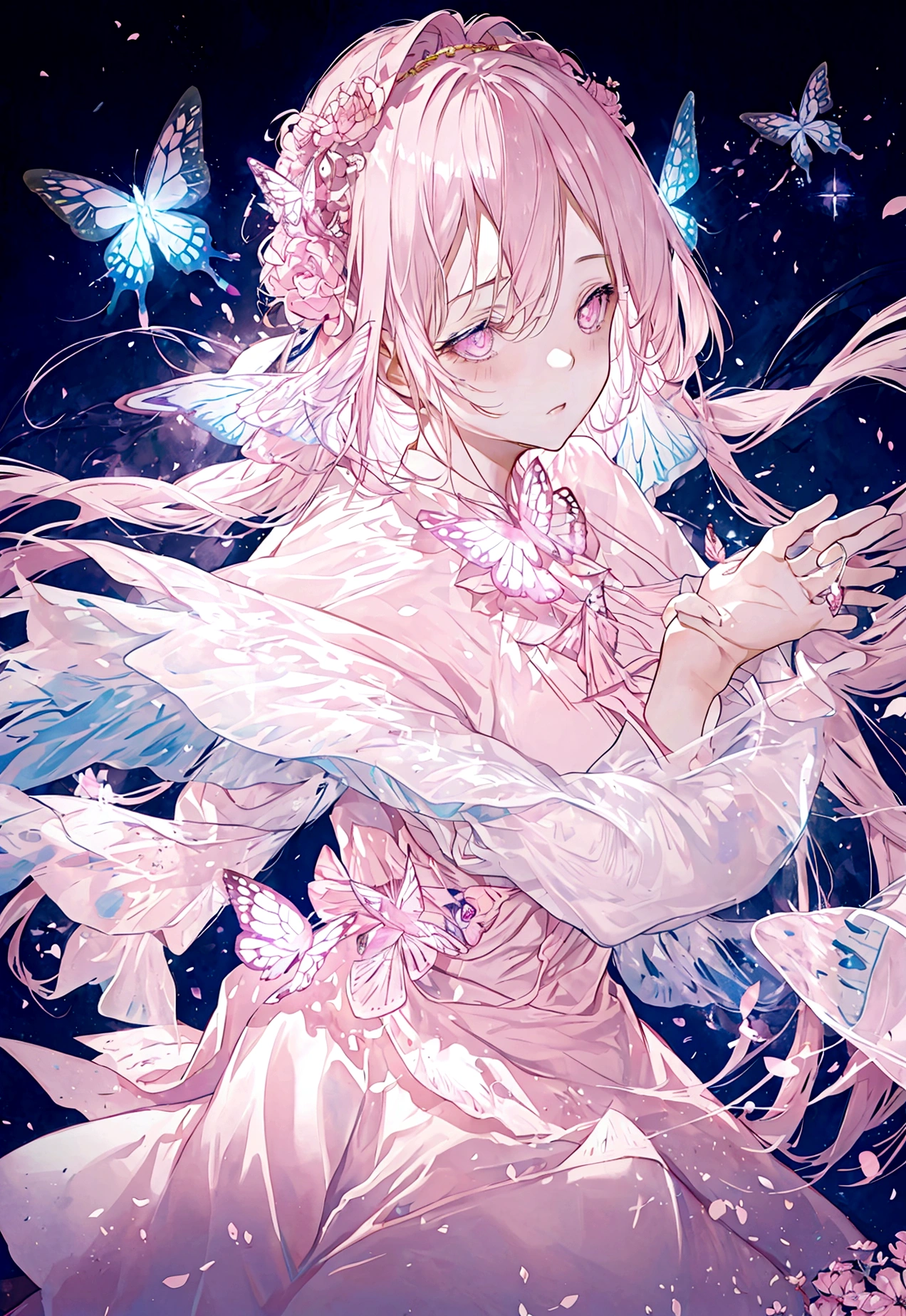 Light pink，magic, Shining eyes，Long hair，sparkling，magic少女，Butterfly