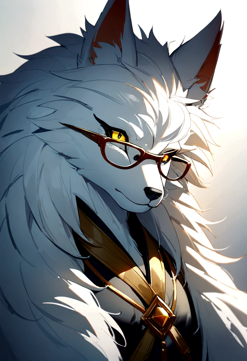 4k, high resolution, best quality, perfect colors, perfect shadows, perfect lighting, posted on e621, (by Chunie, by canyne khai, by t.y.starale), male, furry, Fox anthro, solo, white fur, Yellow eyes, glasses, (Realistic eye details 1.2), cultivator wear, Full body like, Slim body, V0id3nergy, Masterpiece, dramatic lighting, soft lighting, day, highly detail, Hair coiled, ((Bonifasko lighting)), (Detailed eyes), perfect pupils, detail eyes, detail fluffy fur, (seductive face:1.2), fit body, Looking at the camera,, fit body, perfect male figure, Detailed fur, Detailed face, Perfect face, Detailed background, (Complex), (Super Detail), (Ultra Clear), (Best Quality full body,macro,micro