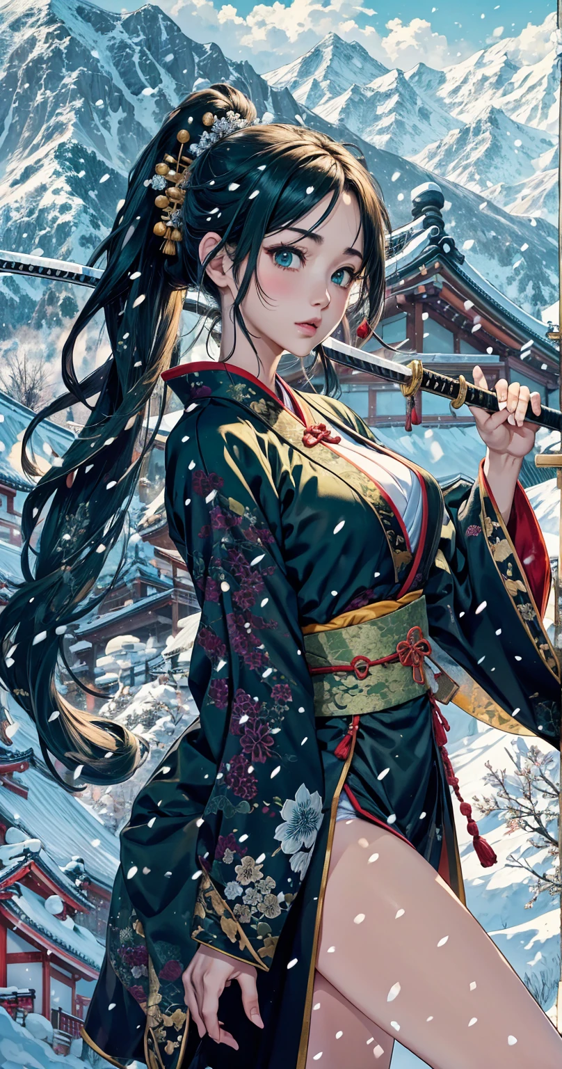 cute、Snow Mountain、Japanese house、Carrying a Japanese sword in his left hand、Dark green kimono、Thighs exposed、It's snowing、A world of silver、