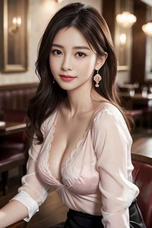 masterpiece, Highest quality, Realistic, Very detailed, Finer details, High resolution, 8k wallpaper, One beautiful woman, Wear an elegant  see-through pink blouse, In a great restaurant, At night, Light brown messy hair, Perfect dynamic composition, Beautiful and beautiful eyes、Big earrings、Sit on a chair、Cleavage、Bra is visible、smile、