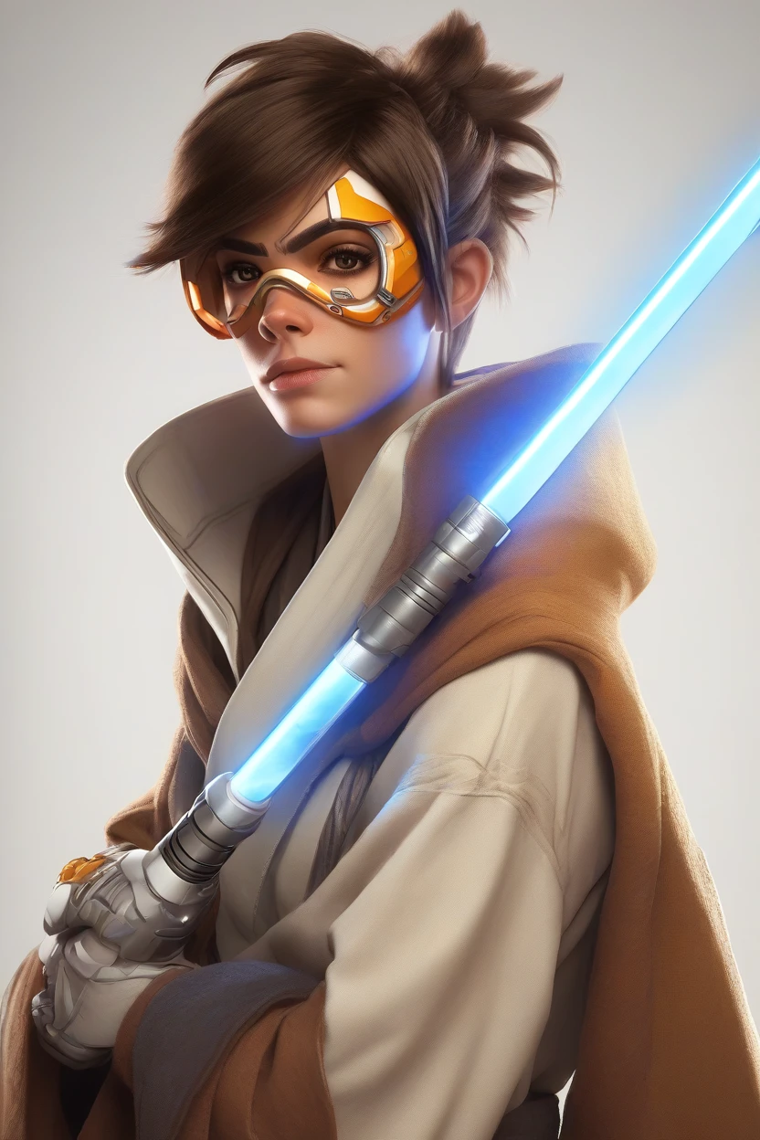 PETracerOW,portrait of tracer,freckles,outfit, wearing jedi clothes,robe,holding a light saber