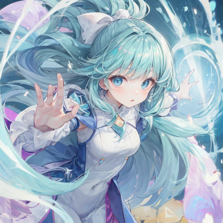 anime girl, turquoise hair, blue eyes