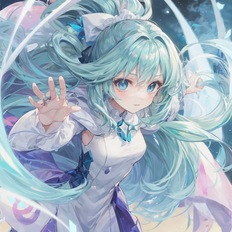 anime girl, turquoise hair, blue eyes