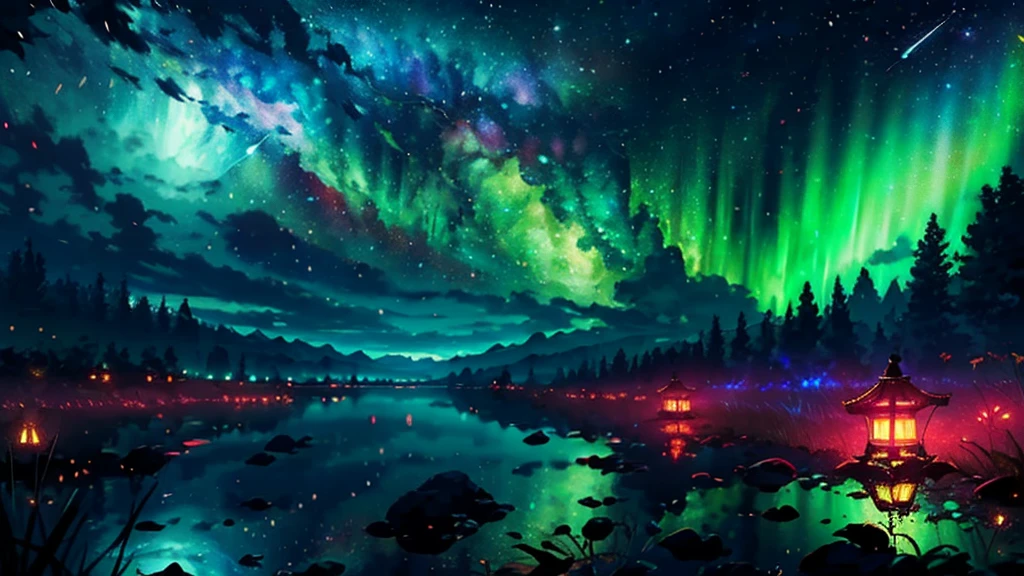 Wide Landscape Photos, (Looking from the bottom up, The sky is above, There is open space below), (Full Moon: 1.2), (meteor: 0.9), (nebula: 1.3),Handmade art, (暖lamp: 1.2), (firefly: 1.2), lamp, Lots of color, Intricate details, Volumetric LightingBREAK (masterpiece: 1.2), (best quality), 4K, Extremely detailed, (Dynamic Combination: 1.4), Rich in details,Colorful, (Rainbow Colors: 1.2), (glow, Ambient Lighting), Like a dream, magic, (solitary: 1.2)