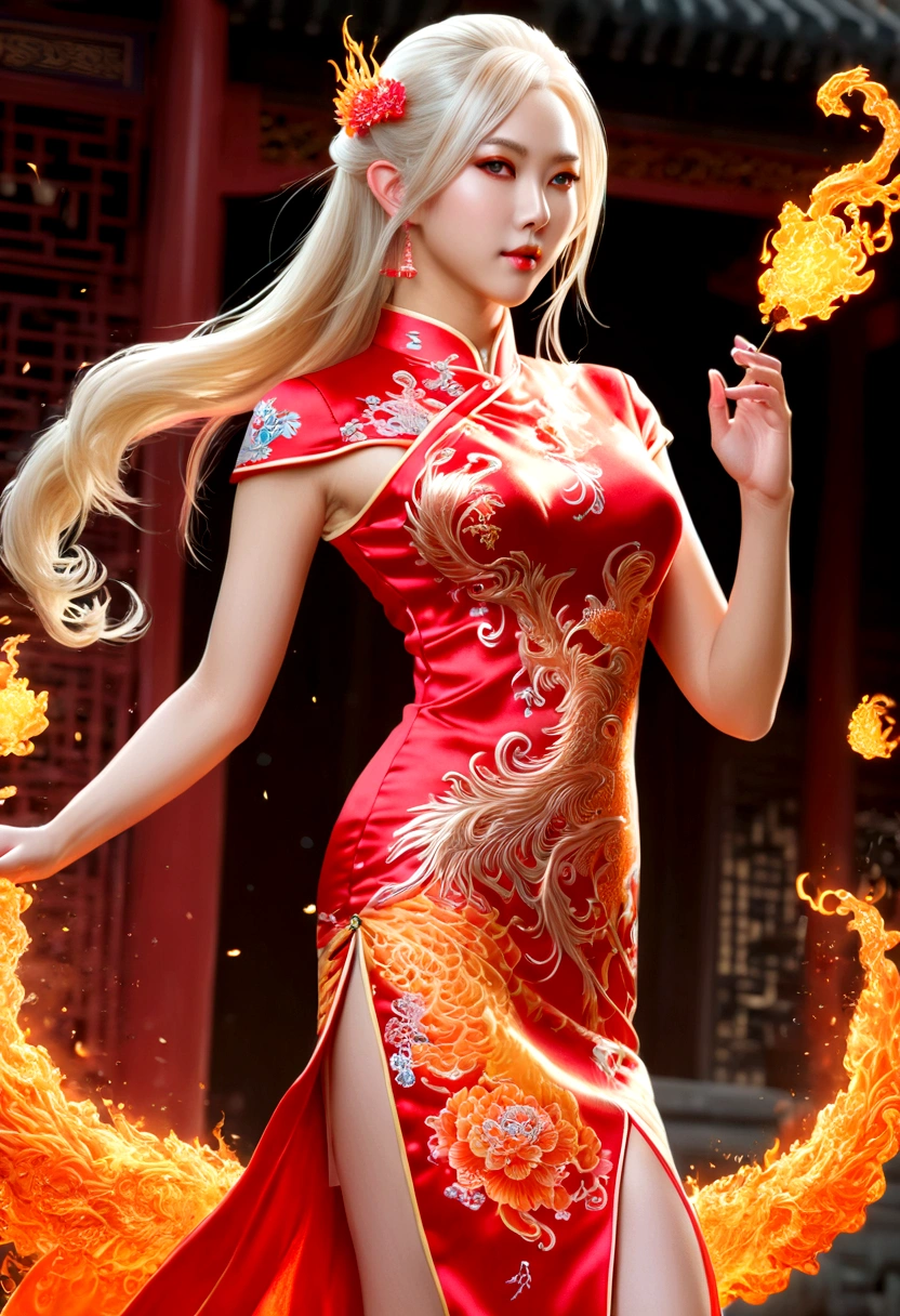 high details, best quality, 16k, [ultra detailed], masterpiece, best quality, (extremely detailed), full body, ultra wide shot, photorealistic, fantasy art, dnd art, rpg art, realistic art, an ultra wide picture of a female elf (intricate details, wearing fiery (Cheongsam: 1.3), Masterpiece, best quality: 1.5) goddess of fire ((fiery radiant aura)), controlling a swirling red fire, fiery red radiant magic (1.5 intricate details, Masterpiece, best quality), manipulating purple radiant magical symbols, [[divine symbols]] (intricate details, Masterpiece, best quality: 1.5), elf female, blond hair, long hair, hair with aura, with red radiant eyes, intense eyes, ((radiant eyes)), (( red glowing eyes)), she wears Cheongsam with fiery patterns, the fire leaps from the Cheongsam, fantasy volcano back ground, streams of lava, celestial background, ((divine worship atmosphere)), high details, best quality, highres, ultra wide angle, faize