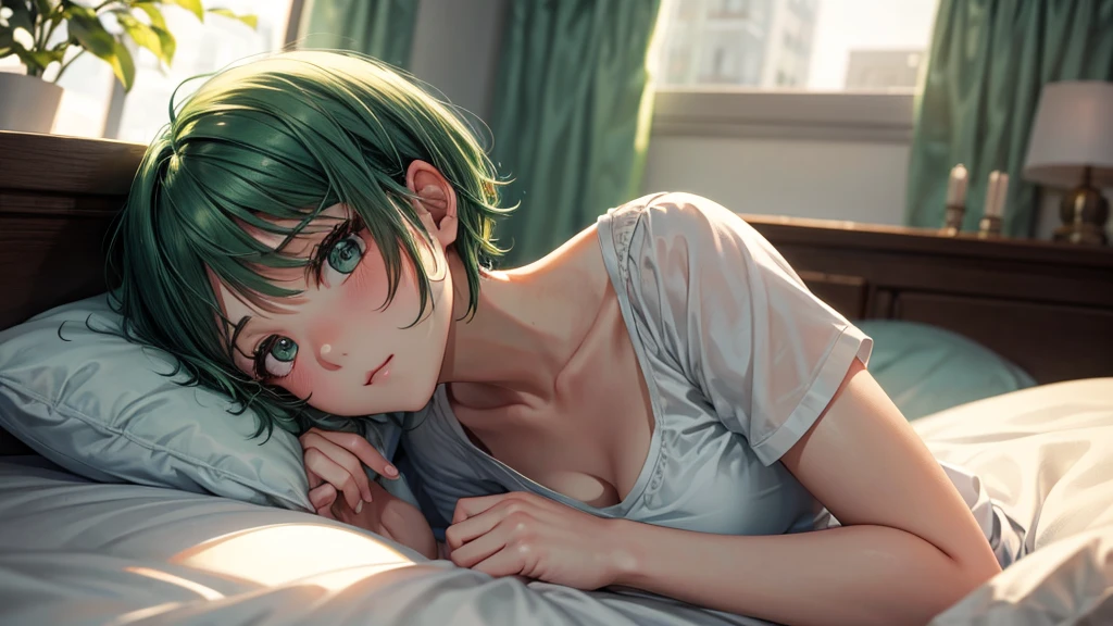 Cute girl with short hair relaxing in bed Night room Green hair Looking out the window