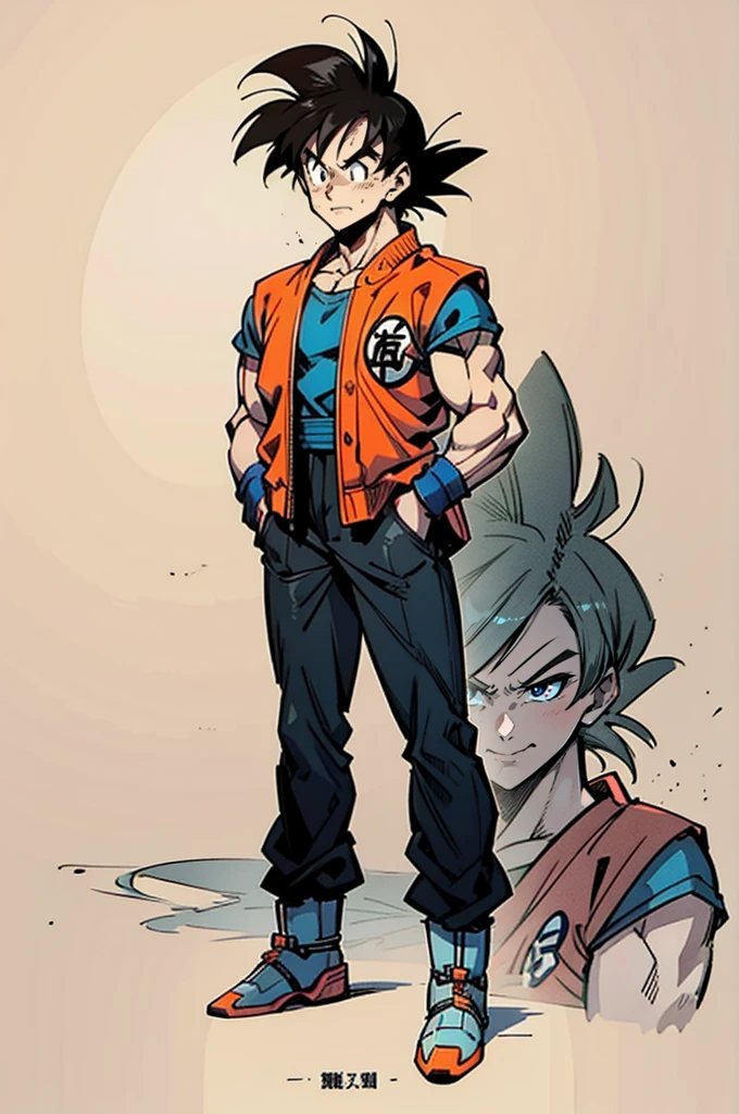 1man, fashion outfit, son goku from dragon ball, akira toriyama style, full body, detail, face detail, amazing art, simple background, 